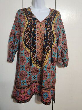 L NLW Turkey Boho Tunic Dress  Pink Blue Floral Medallion Tassel Ruched Sleeve